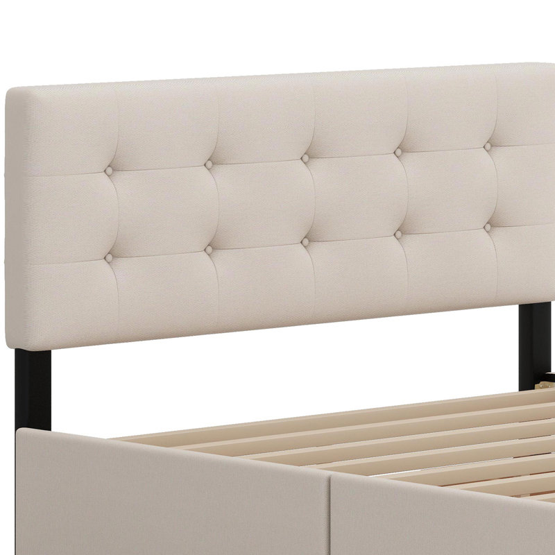 Lit plateforme tapissier avec tête de lit classique et tiroirs, Beige
