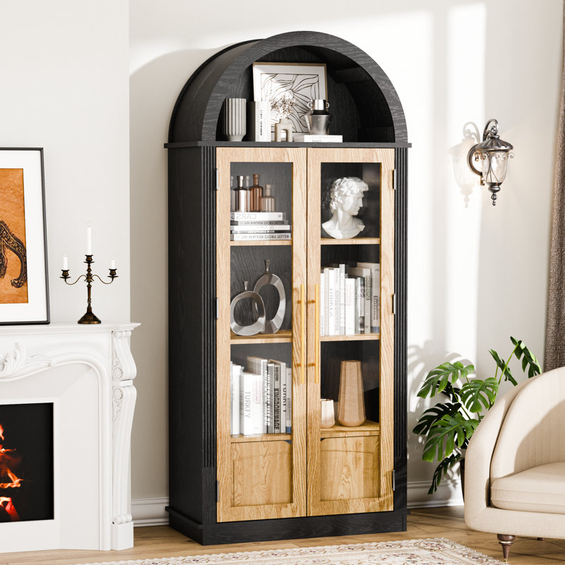 71'' Tall Arched Storage Cabinet With Glass Doors, Drawer & Metal Handles, Vintage Modern Display Cabinet For Living Room, Kitchen, Or Bedroom