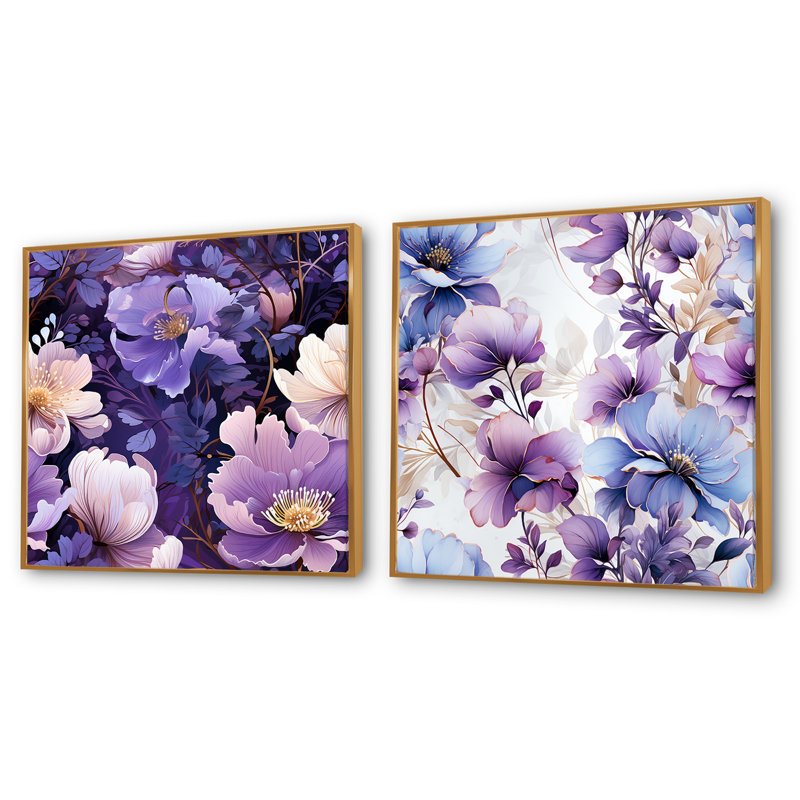 Farah - Ensemble de 2 collages carrés floraux, Cadre flottant doré, H 30 po x l 61 po