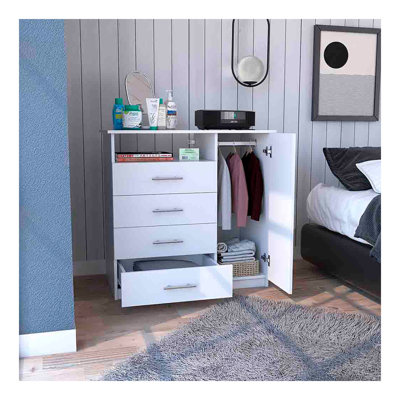 Commode 4 tiroirs, 1 tablette ouverte, plateau supérieur, armoire à une porte, blanc