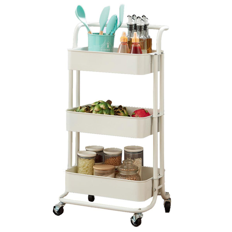Rosilda 3-Tier Utility Cart Metal Rolling Trolley with Shelves Pink Organiser 90 x 40 x 35 cm, White