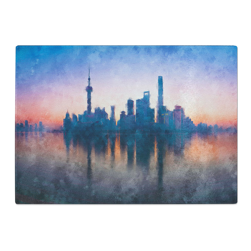 Tempered Glass View of Shanghai in China Painting Chopping Board, 28.5 cm x 39 cm