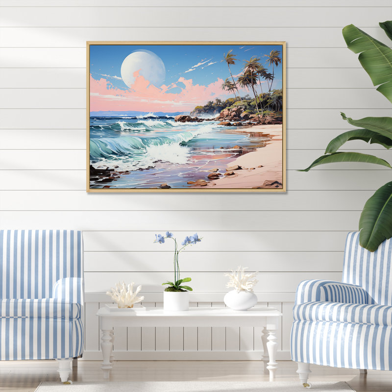 «Green Tropical Beach Escape II» - art mural bord de mer tropical, Cadre flottant blanc, H 12 po x l 20 po x P 1 po