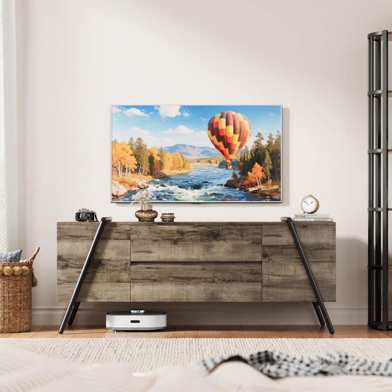 Modern TV Stand for Living Room, Wood Entertainment Center with 2 Drawers, Side Open Shelves & U-Shaped Metal Base, Grey