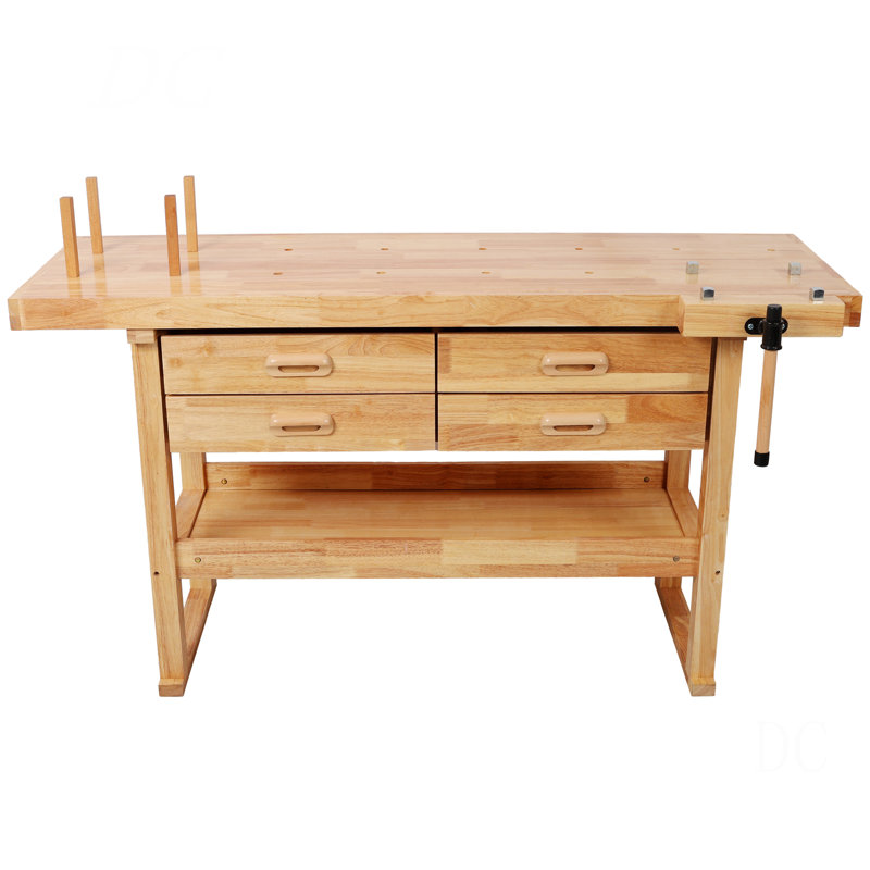 60-Inch Rubber Hardwood Workbench With 4 Drawers, 330LBS Heavy Duty Portable Work Bench, Woodworking Table For Garage, Workshop & Home Storage
