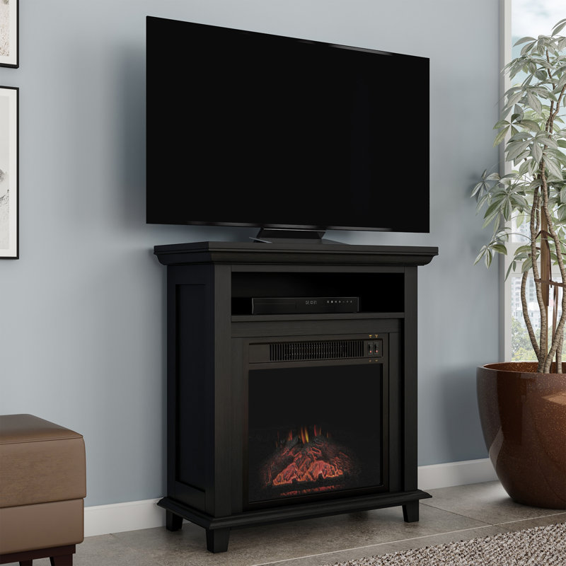 Theophania TV Stand up to 32" with Electric Fireplace Included, Shelf, Faux Log and LED Flame, Black