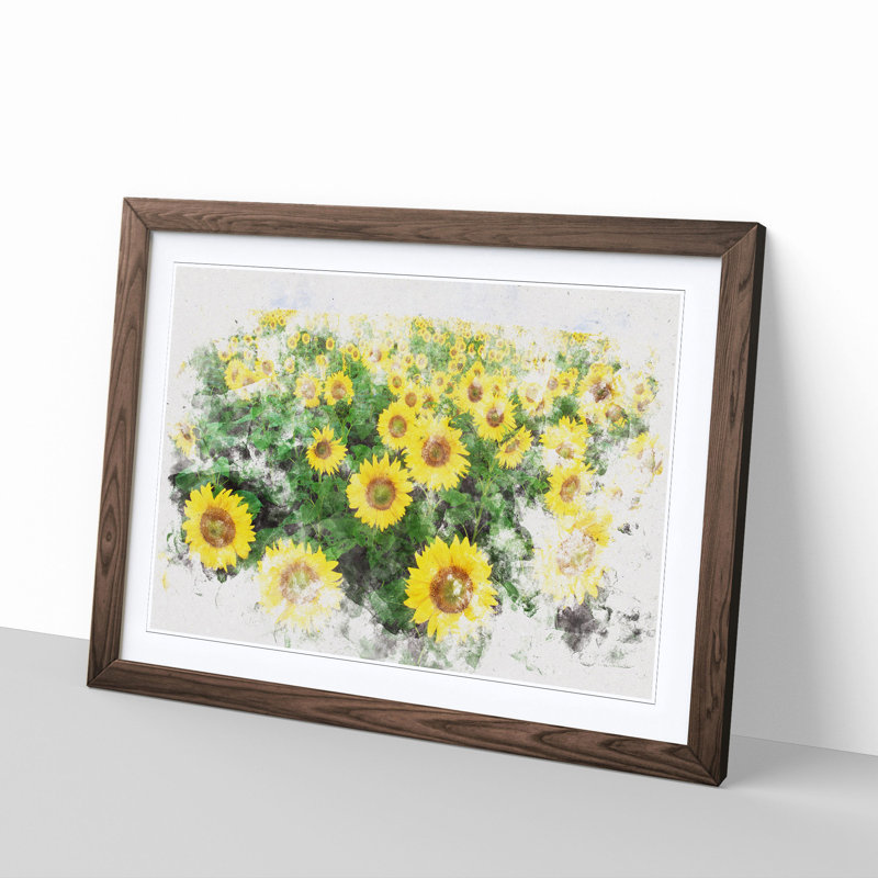 Yellow Sunflower Meadow Watercolour - Picture Frame Graphic Art Print, Walnut Framed, 45cm H x 63cm W x 2cm D