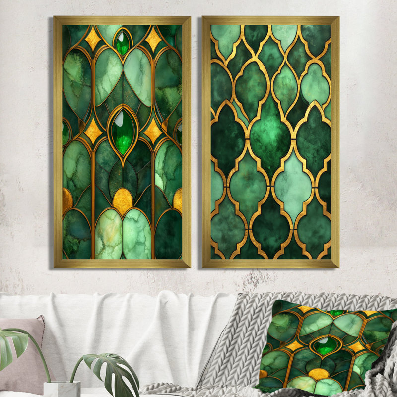 Emerald Art déco, art mural 2 pièces, toile or vert, opulence carrelée émeraude, H 40 po x l 40 po, Toile tendue