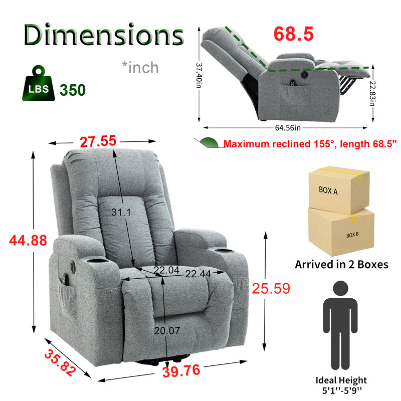 Chemika 39.76" W Oversize Velvet Power Liftable Reclining with Massager and Heated Cushion, Gray