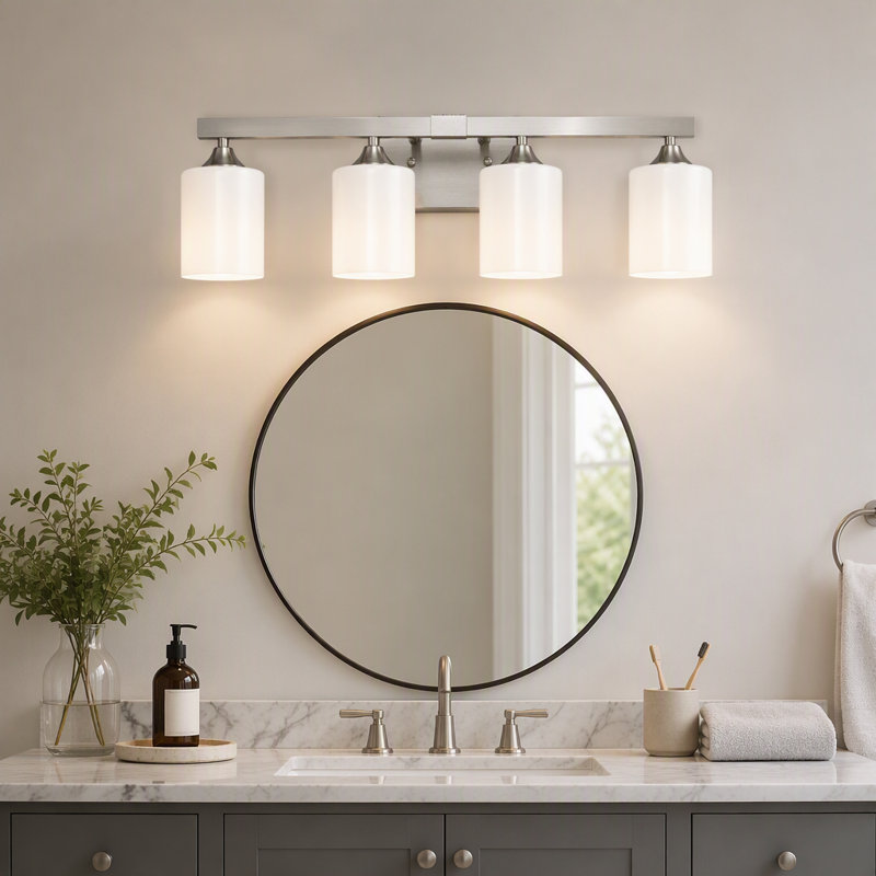 Applique murale 4 lumières en nickel brossé pour salle de bain avec abat-jour en verre blanc laiteux