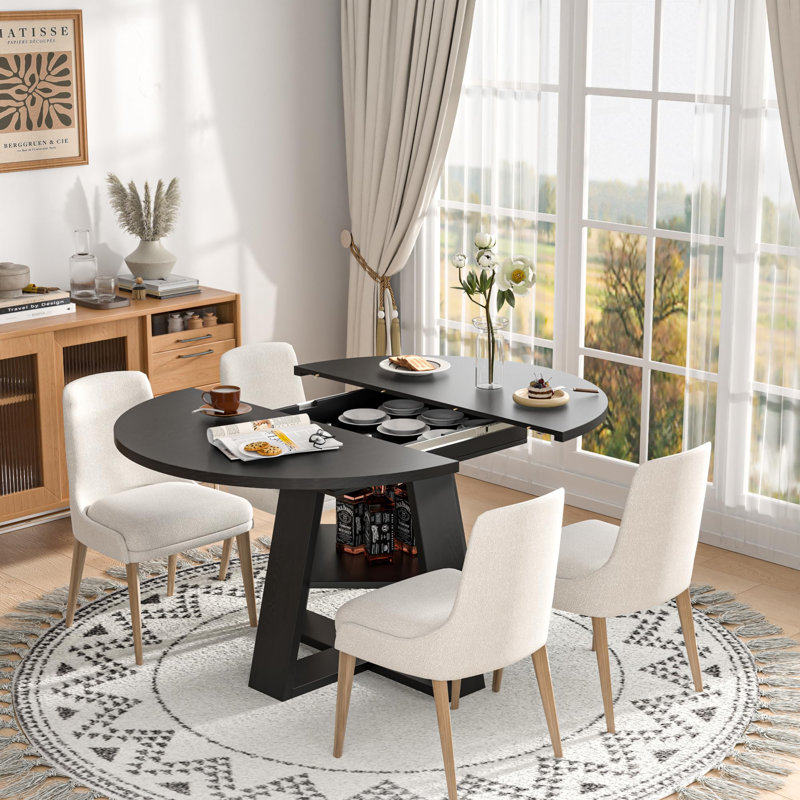 Table de salle à manger extensible ronde 43,3 "à 59" pour 4-8 personnes avec tablette de rangement, Noir