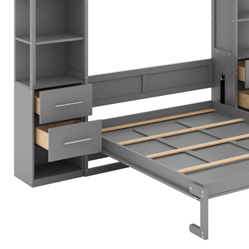 Lit escamotable double avec tablettes, tiroirs et DEL, Grey