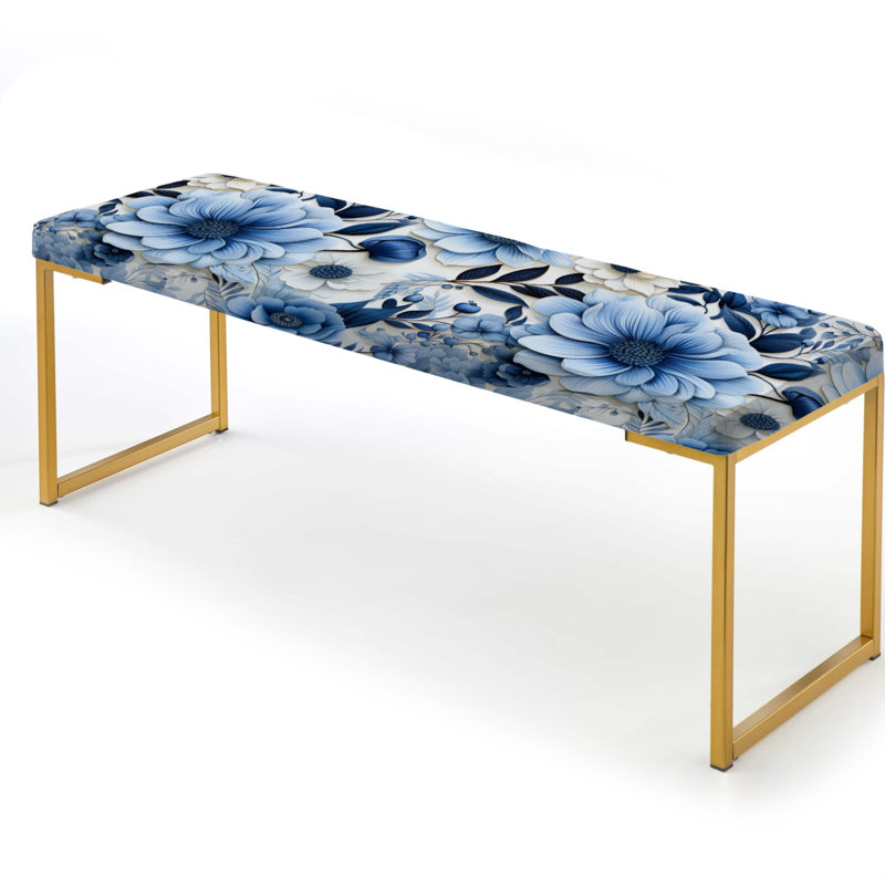 Floral Upholstered Gold Bench, Blue Watercolor Eccentric Floral Pattern II