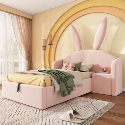 Bunny Ears Kids Single Bed Frame 90 x 190 cm, Upholstered Bed with Hydraulic Storage & Reversible Nightstand, Safe Bed for Girls Bedroom, Rose, Mattress Not Included