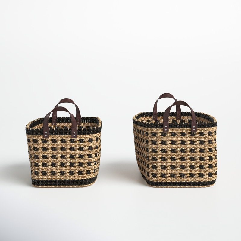 Wood Handmade Two Toned Storage Basket with Handles