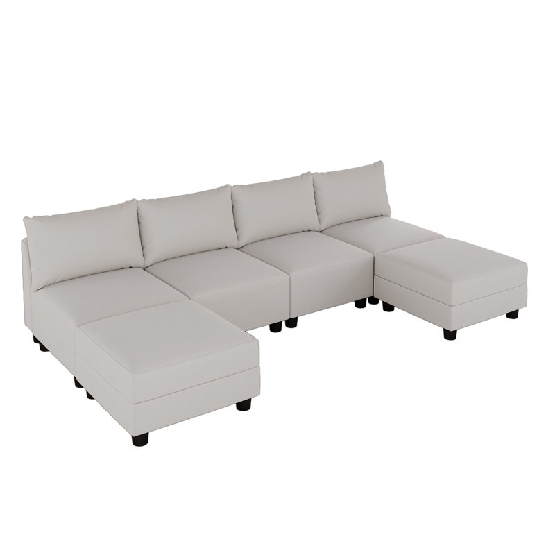 Modern Linen Modular Sectional Sofa U Shaped with Extra Deep Seats and Storage Ottomans, Beige Linen