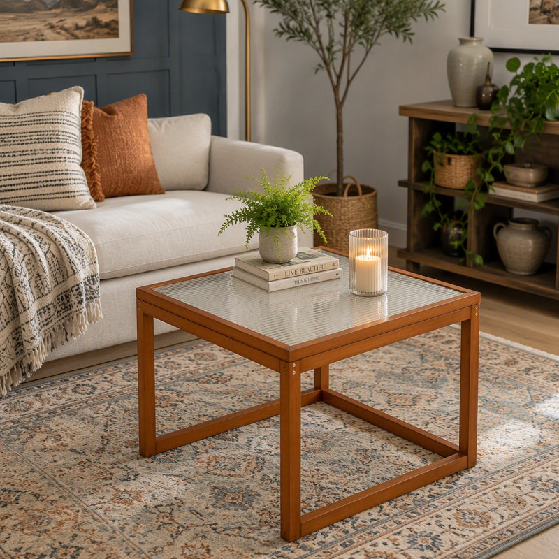 Petite table basse carrée, table basse en bambou véritable et verre cannelé pour le salon - table de salon moderne à base ouverte, décor d'appartement naturel pour les petits espaces