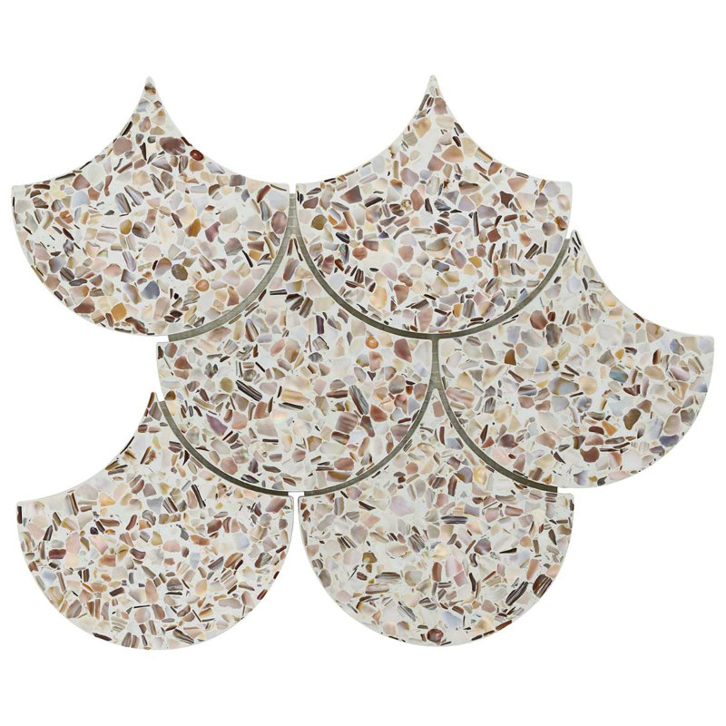 Reef 5" Fish Scale Polished Pearl Terrazzo Mosaic Tile, Cream