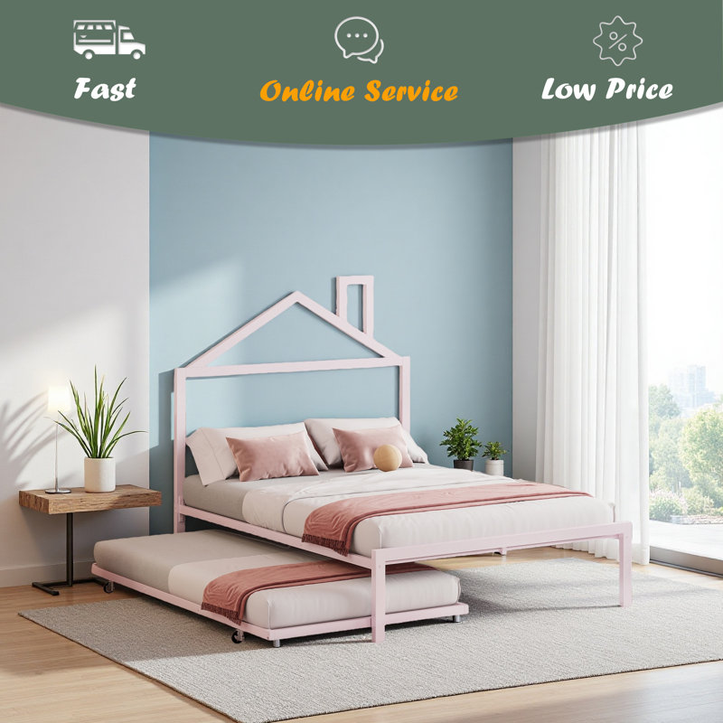 Lit plateforme en métal avec lit gigogne simple, tête de lit en forme de maison, Lit double, Rose