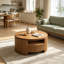Table basse ronde en bois massif cannelé noyer, table basse tambour moderne de style Mid-Century avec tiroirs de rangement cachés, couche de présentation ouverte creuse, base de piédestal stable pour le salon-2052064694
