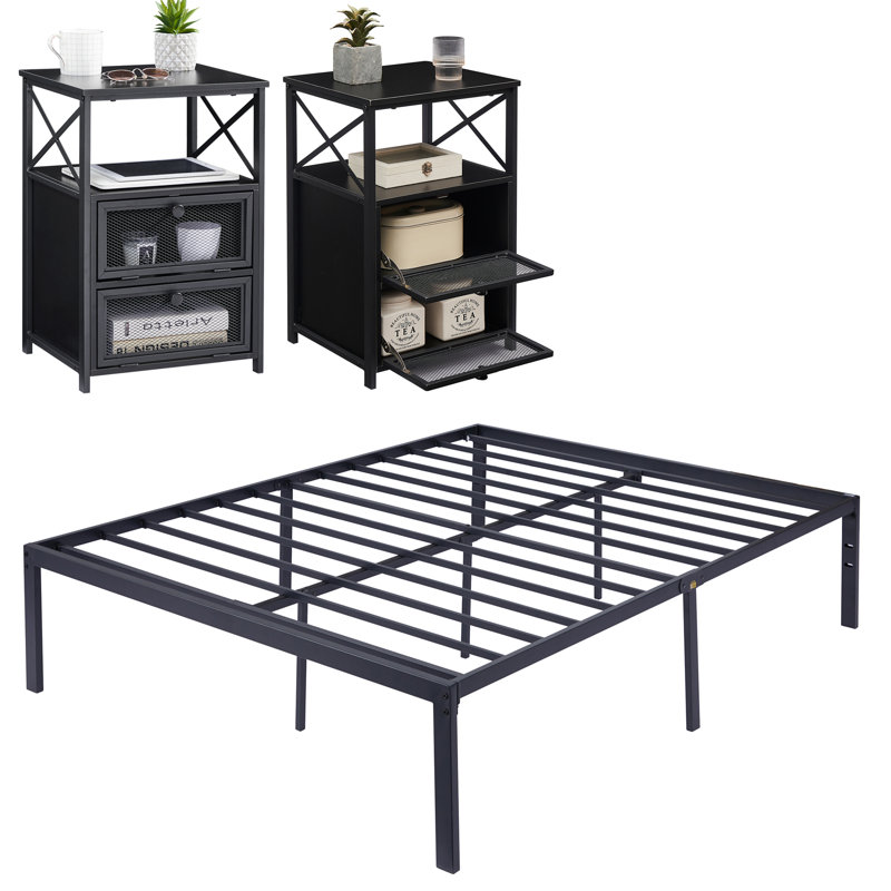 Ensemble de chambre avec lit plateforme et table de chevet en métal 3 pièces Blinni, Noir, Grand