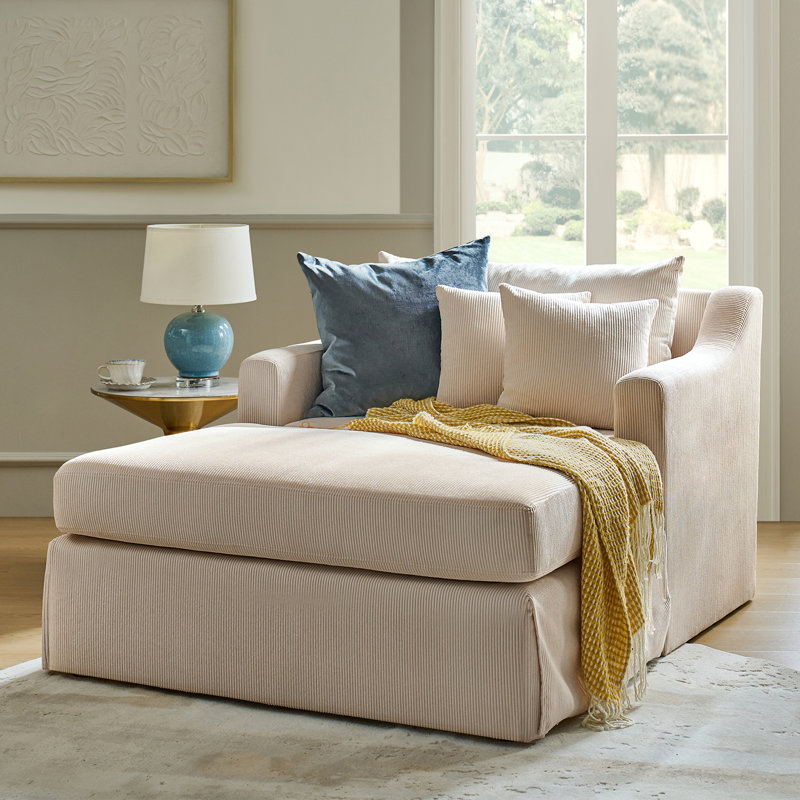 Berte 45" W Modern Farmhouse Corduroy Slipcovered Chaise Lounge with 3 Pillows, Beige