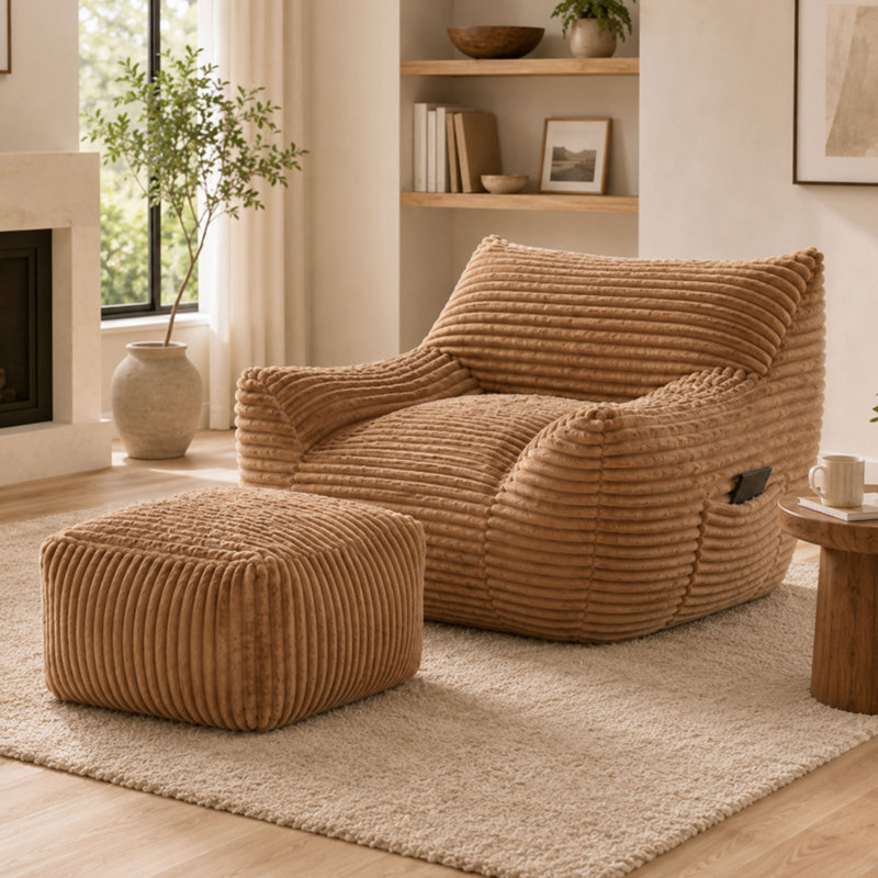 Fauteuil à billes brun surdimensionné, accoudoirs et repose-pieds assorti pour adultes, Brown
