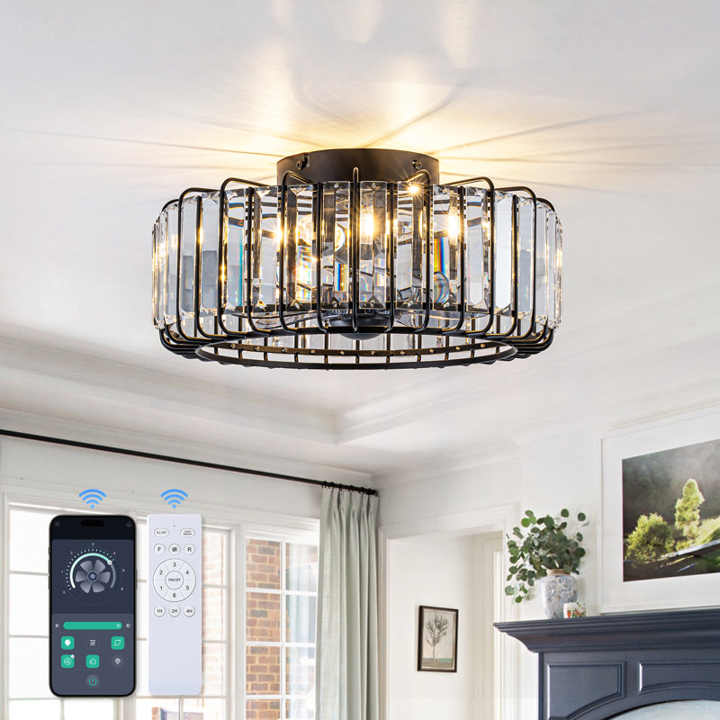 13.8“ 4-light Crystal Caged Ceiling Fan With Light Flush Mounted