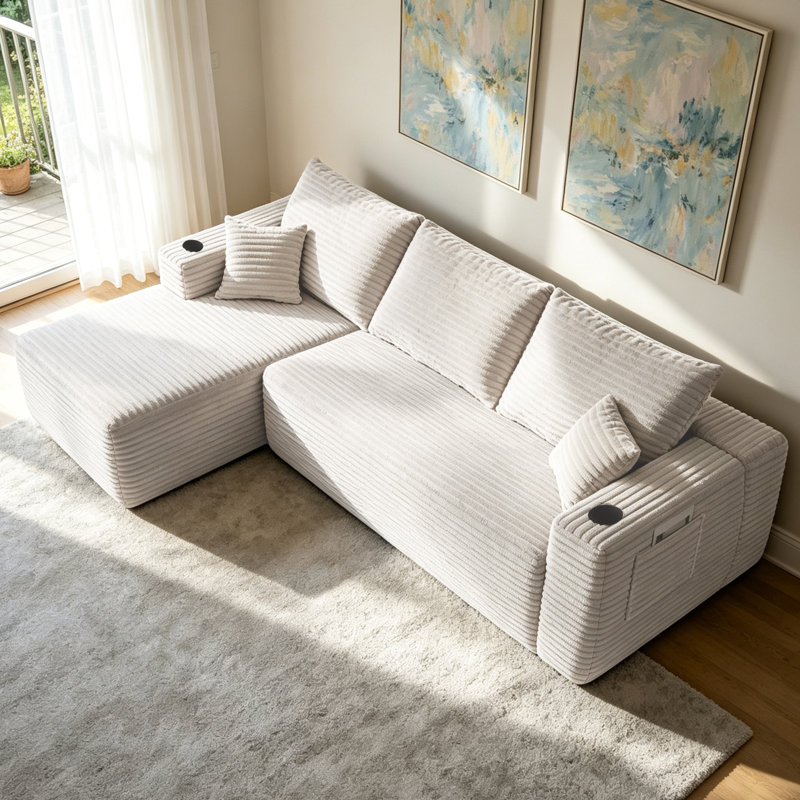 Canapé d'angle infonuagique avec méridienne en L et poches latérales, design modulaire moderne, assise profonde, revêtement en tissu pour salon/chambre, aucun assemblage requis, blanc, côté gauche, 274 x 160 x 58 cm, tissu et mousse haute densité, modulable, blanc, aucun assemblage requis