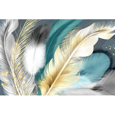 Teal Gold and Silver Luxury Feathers Wallpaper for Home Decor