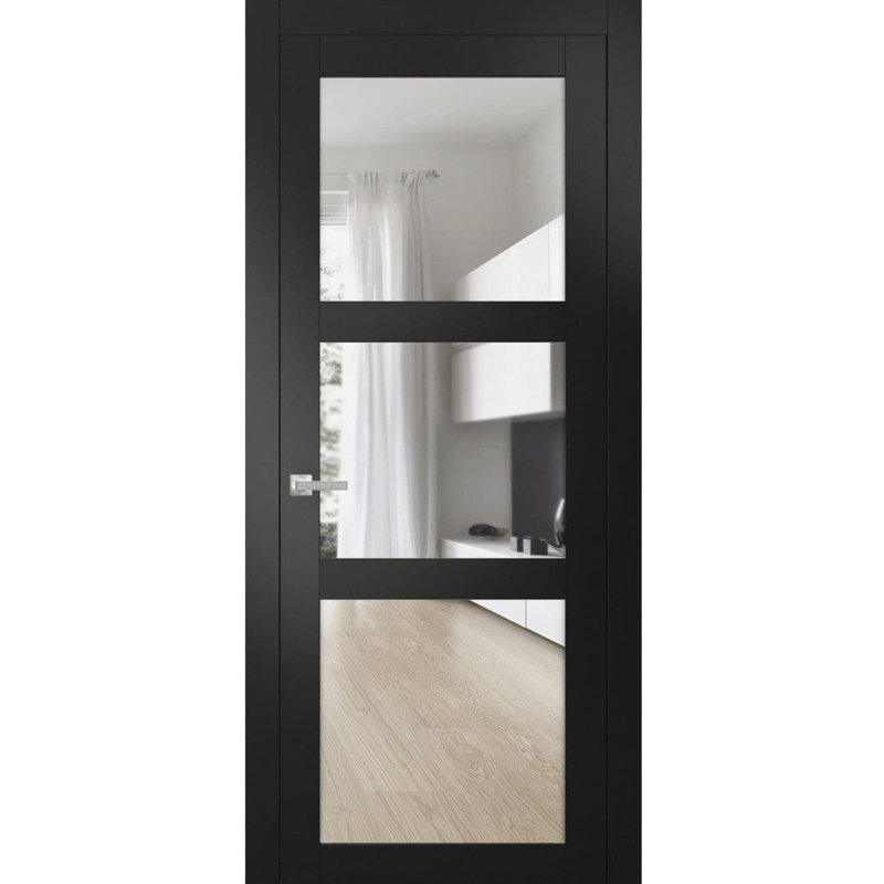 Solid Interior French Pre-Hung Door | Lucia 2555  With Clear Glass | Single Regular Panel Frame Trims Handle | Bathroom Bedroom Sturdy Doors