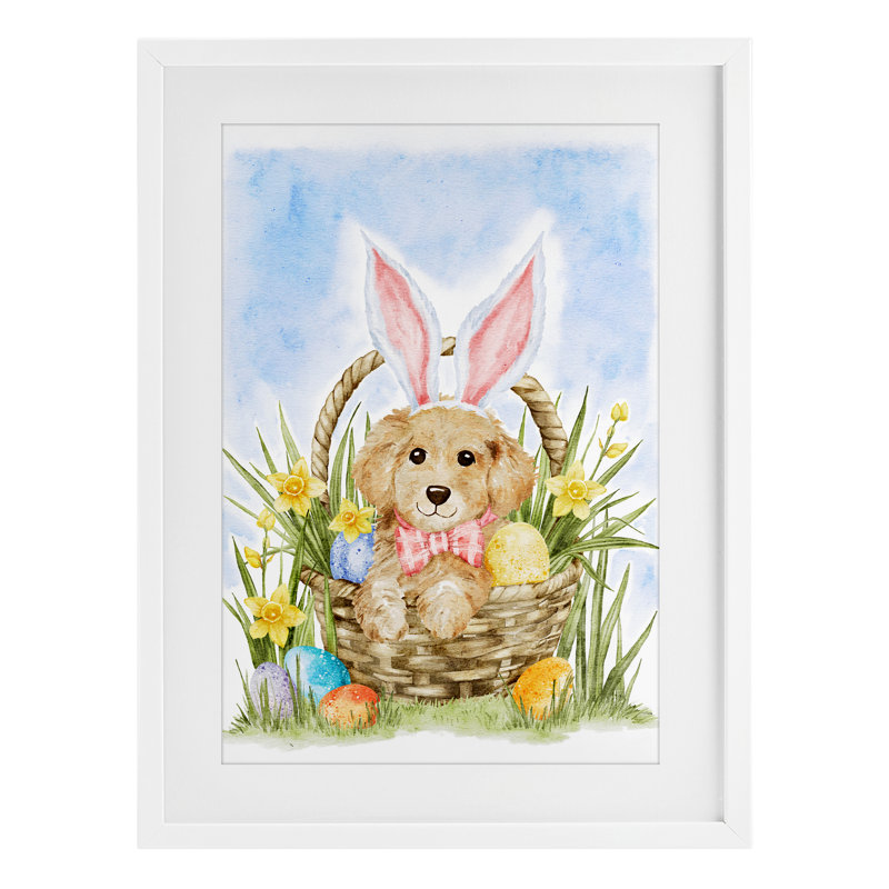 Printemps, Pâques, chiot, reproduction encadrée sous verre, conception par Amy Hall, H 23 po x l 17 po, Cadre blanc côtier