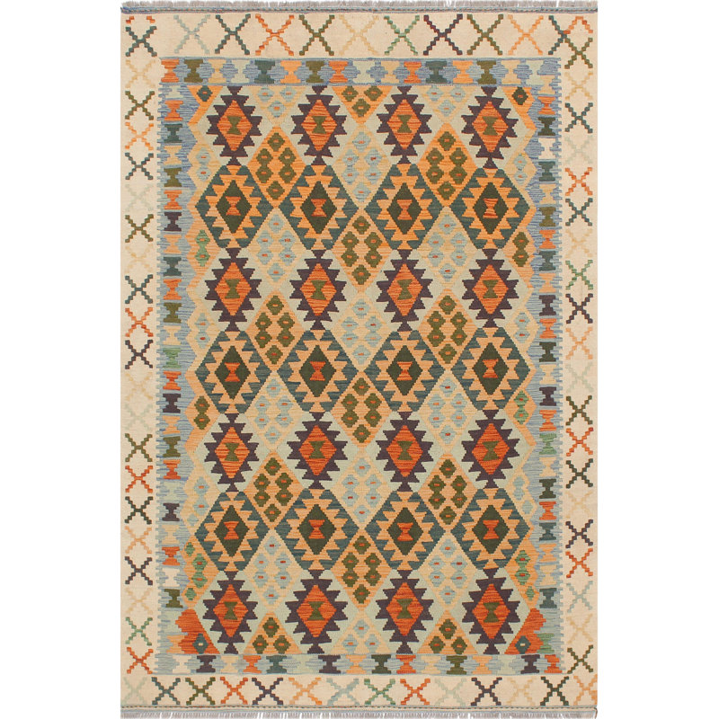 Tapis bleu / beige / orange / orange en laine noué à la main de 5 pi 1 po x 6 pi 6 po Cedorah