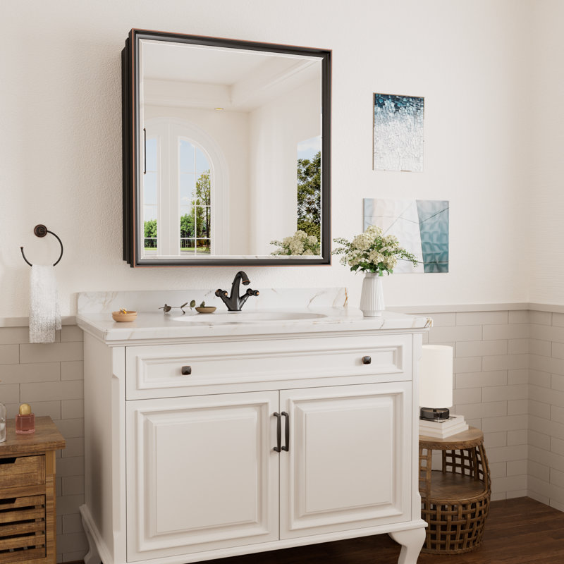 Armoire à pharmacie avec miroir et 3 tablettes Cyrille, H 40 po x l 20 po x P 5,2 po, Noir