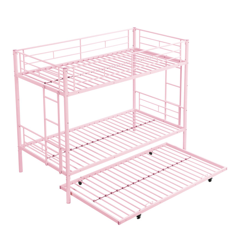 Lit superposé en métal avec lit gigogne rose - Délice de chambre à coucher moderne, conception d'espace, construction durable, fonctionnement silencieux et stable, grande capacité de charge, escalier sécuritaire inclus, lit simple