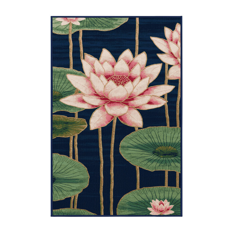 Tapis bleu botanique lavable à la machine, Rectangle 5 pi x 7 pi
