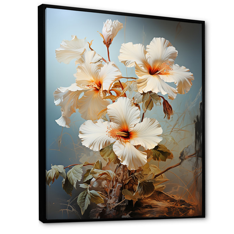 Hibiscus beige rétro - imprimé, Cadre flottant noir, H 40 po x l 30 po x P 1,5 po