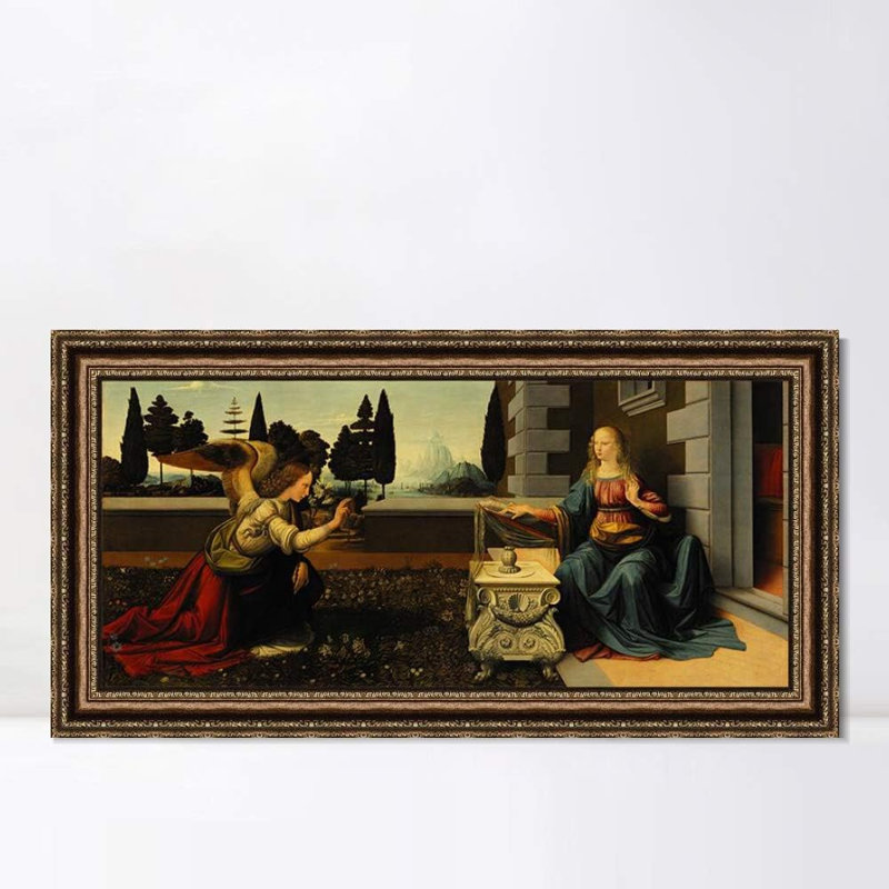Framed Canvas Art Giclee Print Annunciation by Leonardo da Vinci Wall Art Living Room Home Office Decorations(Vintage Embossed Gold frame,20"x40")