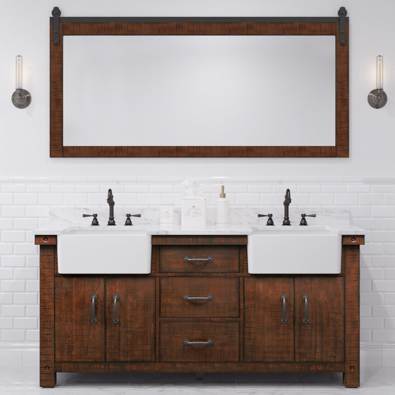 Paisley 72 In. Double Sink Carrara White Marble Countertop Vanity In Rustic Sienna With Mirror
