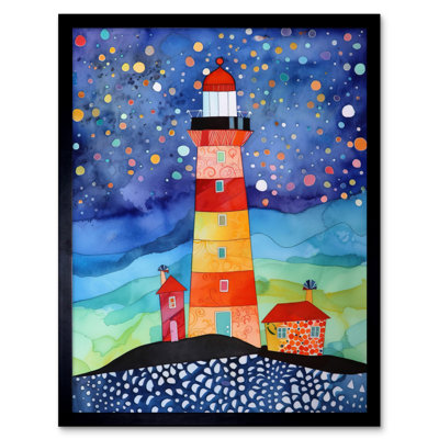 Lighthouse On Starry Night Folk Art Watercolour Painting Artwork Framed Wall Art Print 9X7 Inch