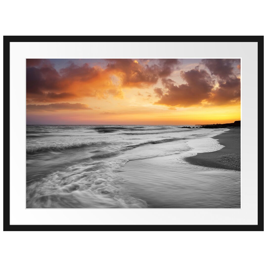 Gerahmtes Poster Strand mit Sonnenuntergang