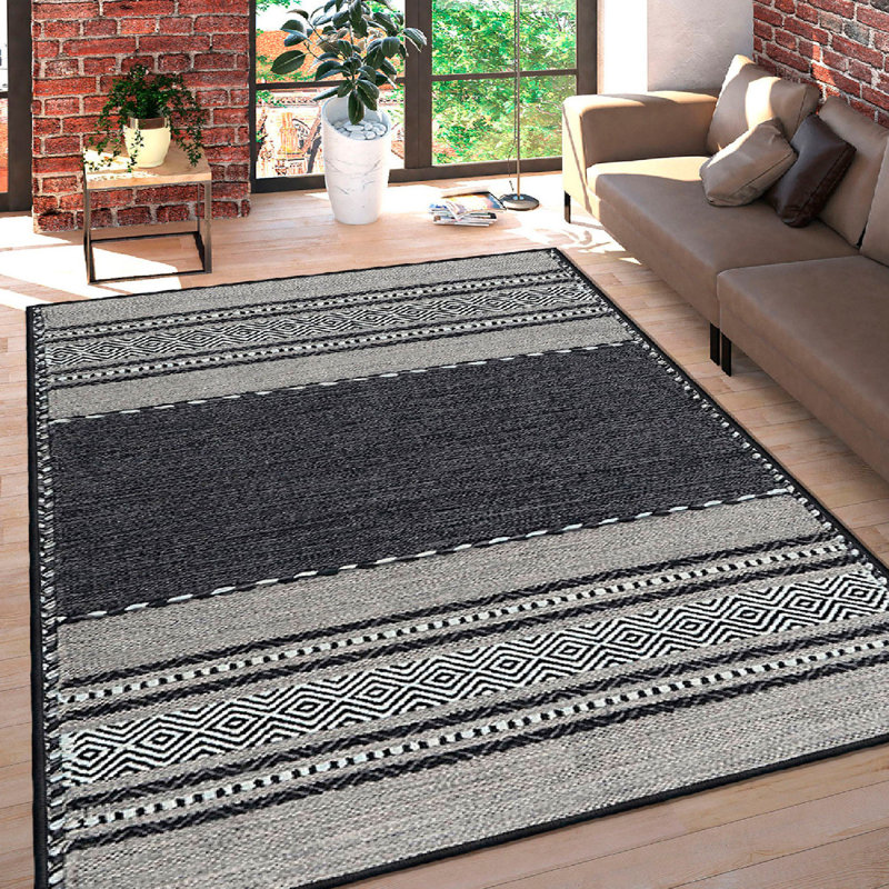 Premium Cotton Area Rug, 3.3 x 4.9 Feet | 100% Cotton, 1200 g/m² | Pile Height: 0.4 in, Total Thickness: 0.3 in | Antibacterial, Non-Slip PVC Underside, Machine Washable | Elegant White, Grey & Black Design for Modern Living Spaces