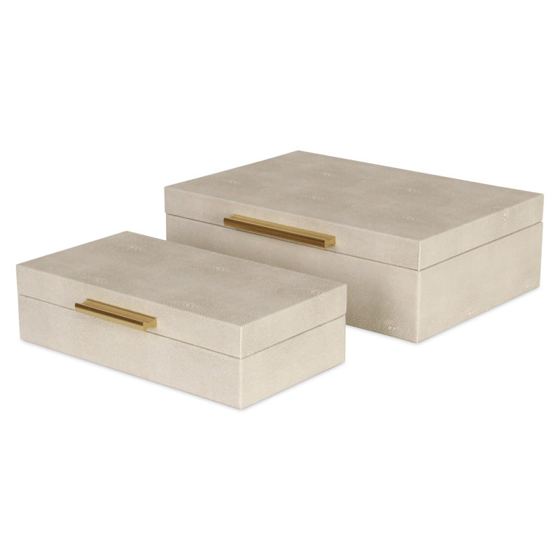 Lusan Rectangular Decorative Box Set - Cream Faux Shagreen, Cream