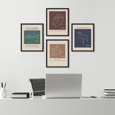 " Mid-Century Bird Sketch Variety Nature " 4 - Pieces