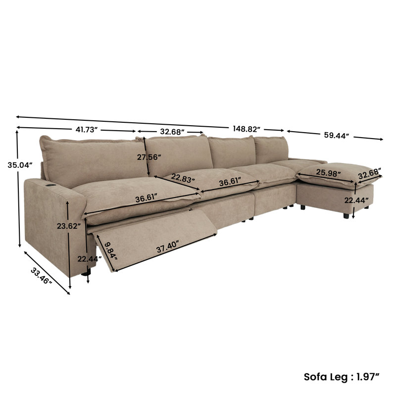 Moncada 5-Piece Modular Linen L-Shaped Power Reclining Sectional With Zero-Gravity And Heated Seats, Khaki Linen