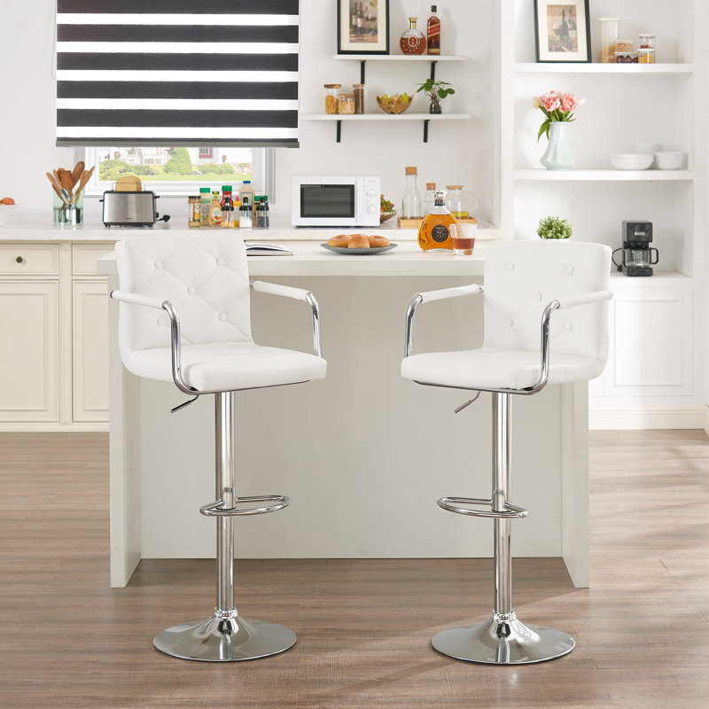 Adaleya Swivel Upholstered Faux Leather Adjustable Height Bar Stool, White