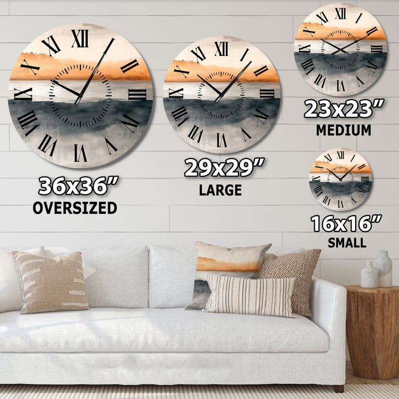Horloge murale moderne en métal Orange et Noir, motif paysage côtier doux - Horloge murale en métal, Médium