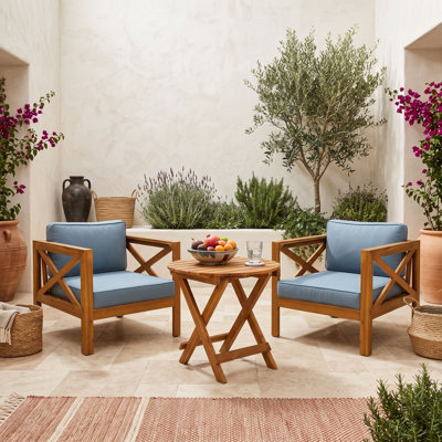 Ensemble de conversation de patio 3 pièces en bois d'acacia avec table d'appoint et chaises pliantes