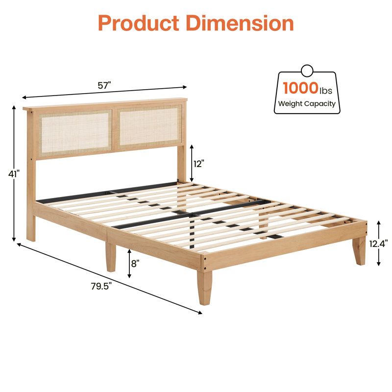 Base de lit plateforme avec tête de lit en rotin naturel, Double