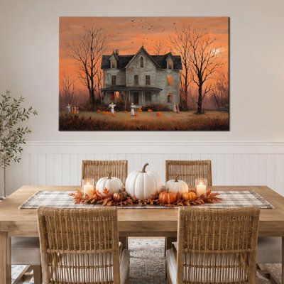Art mural d'automne d'Halloween, décoration murale de photos d'Halloween, art mural sur toile d'Halloween, œuvre d'art fantôme de maison hantée gothique, style effrayant et chaleureux pour le salon ou le vestibule, 36 po x 48 po